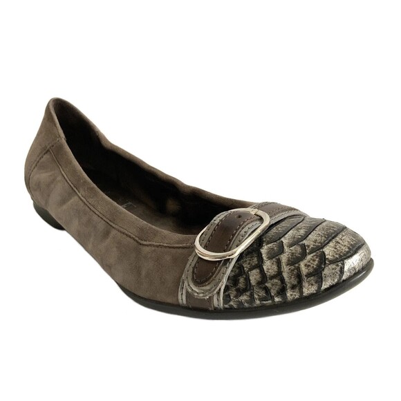 AGL Ballet Flats Size 37 Taupe Pewter Snake Cap-toe Buckle Front Shoe - Picture 1 of 12